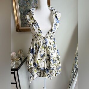 Iz Byer White Floral Ruffle Dress with Blue and Green Print